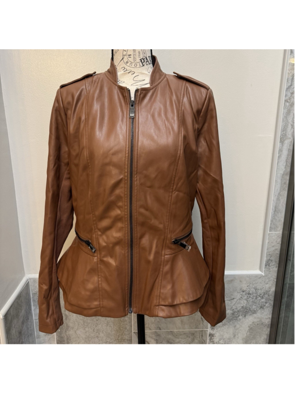 GILI Brown Peplum Vegan Leather Jacket Women's Size 10